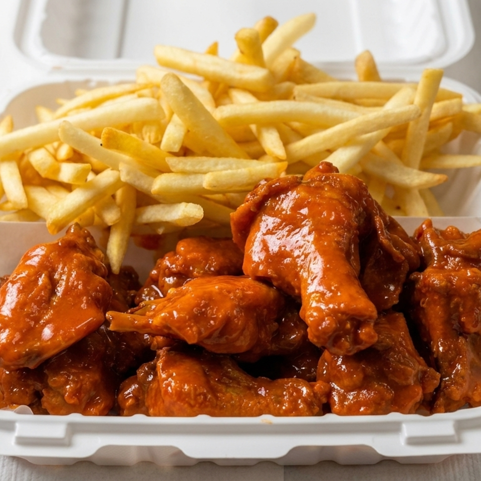 Takeout container filled with saucy chicken wings and golden French fries on a white tablecloth.