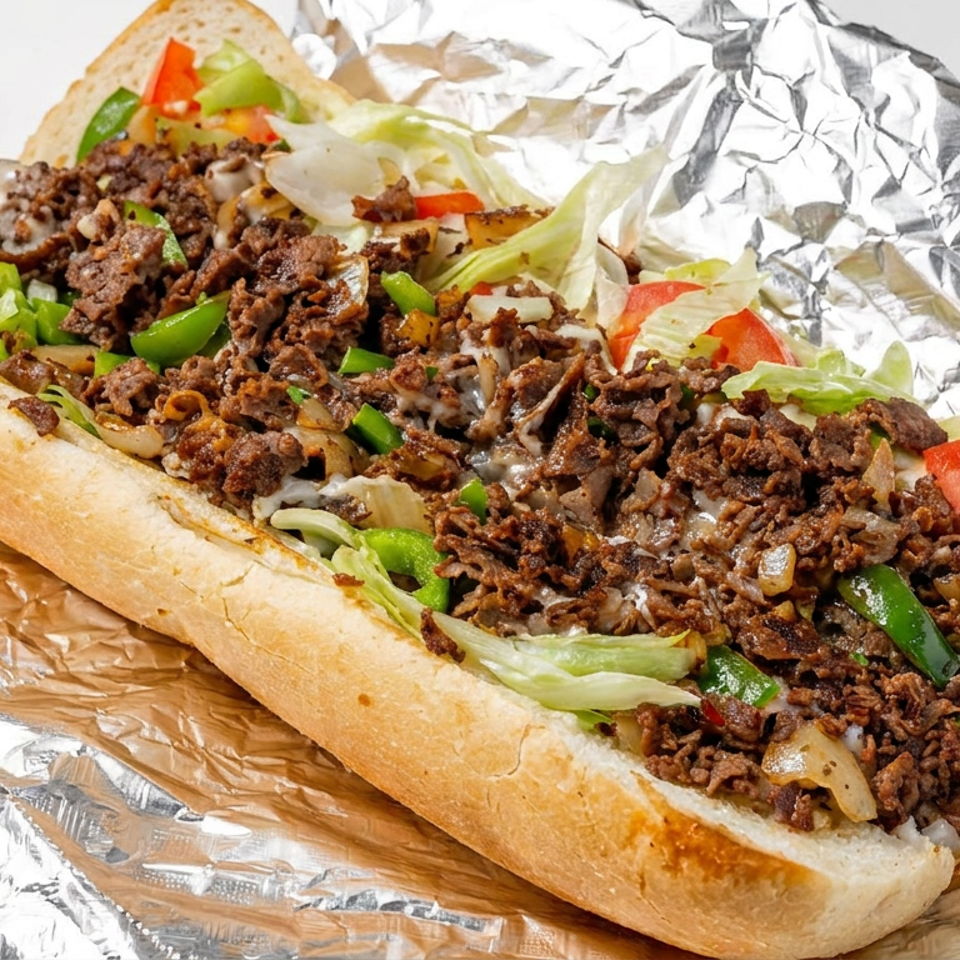 Loaded steak sandwich with mushrooms, peppers, onions, lettuce, and tomatoes served on a toasted hoagie roll wrapped in foil.