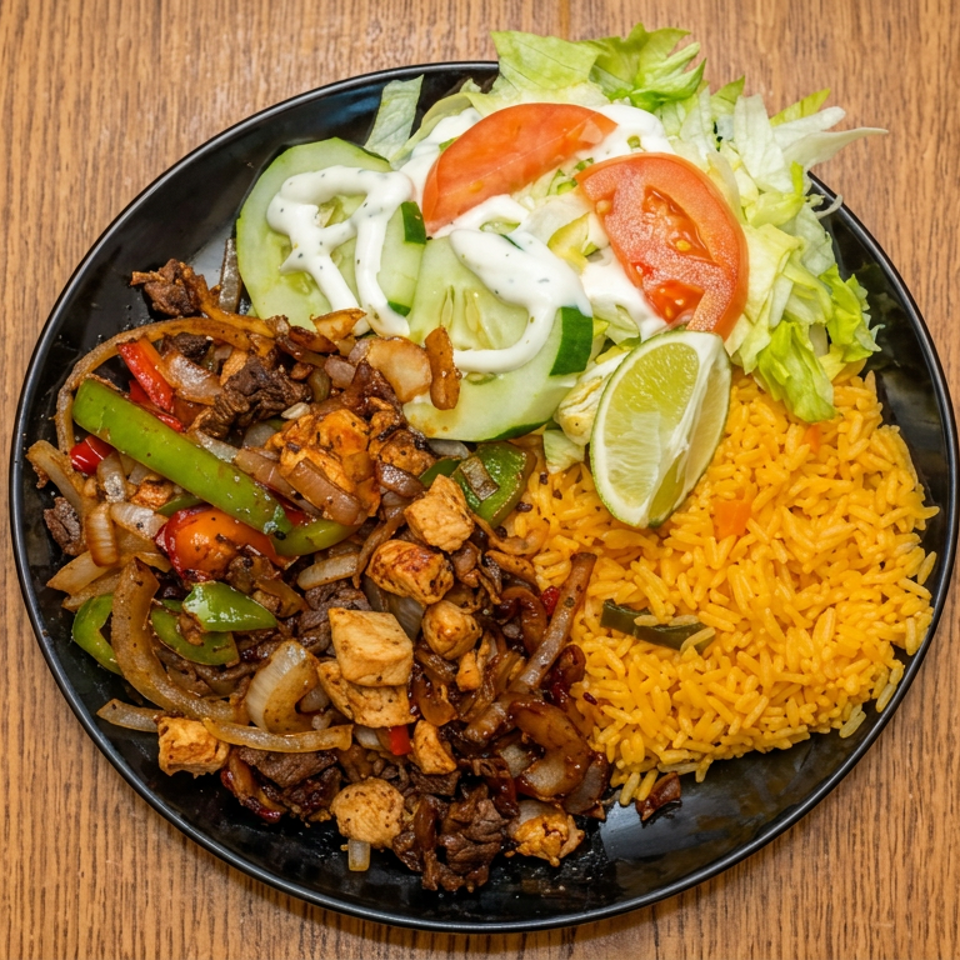 Black plate of grilled meat, chicken, peppers, onions, yellow rice, and lettuce salad with tomatoes, cucumber, lime, and creamy dressing.