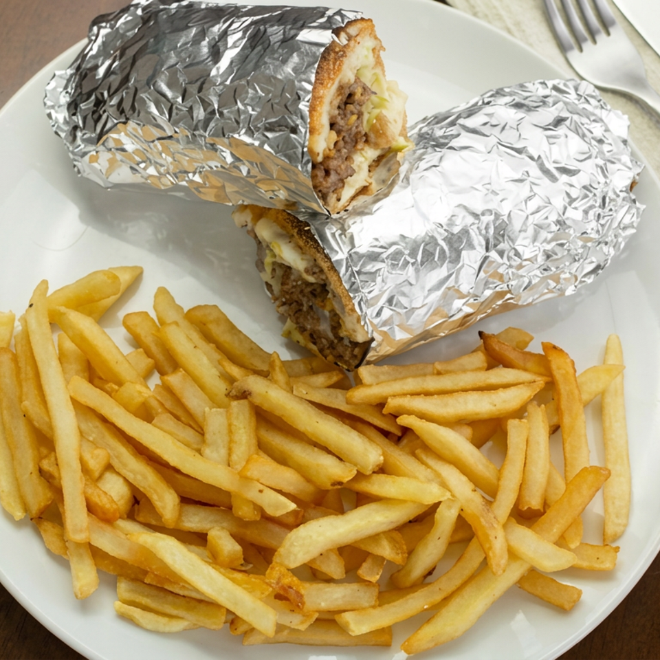 Plate of golden French fries and foil-wrapped, sliced meat-filled flatbreads on a wooden table.